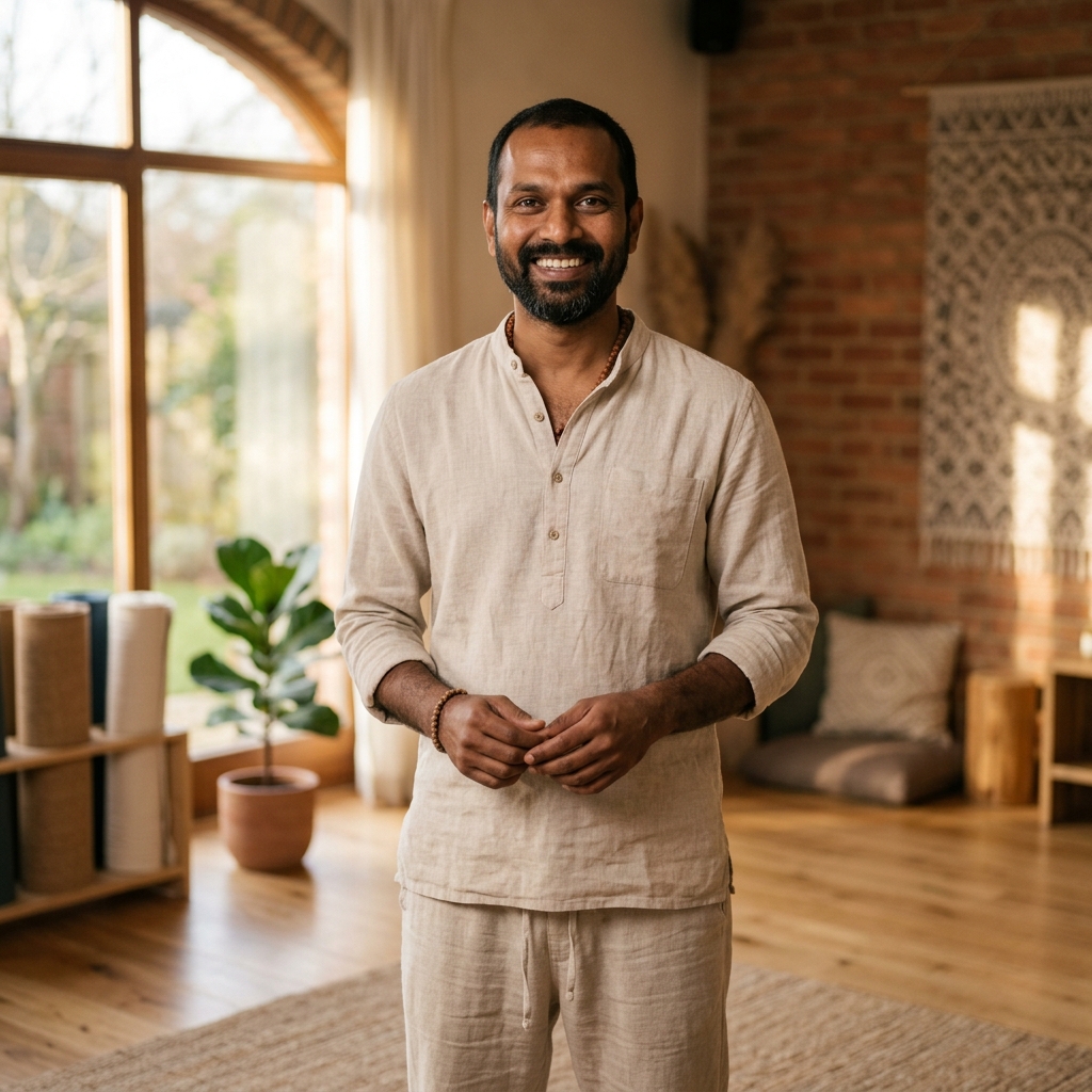 Dr Umesh, yoga instructor, standing in a warm yoga studio wearing natural linen clothes and smiling warmly